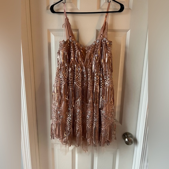 SouthernFriedChics Star Of The Show Fringe Adjustable Strap Dress Blush XL NWT - Picture 4 of 4
